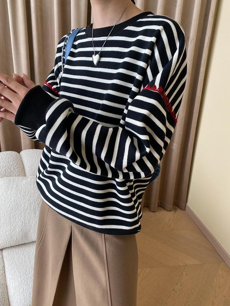 Синан Французский Полосатый Контрастный Круглый вырез Свободный Плюс Бархатный Свитшот SN4694