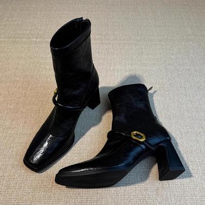 Версия с увеличением роста~ Ботильоны с квадратным носком на высоком тонком каблуке женские французские на толстом каблуке ретро с задней молнией из мягкой кожи короткие ботинки эластичные модные бо