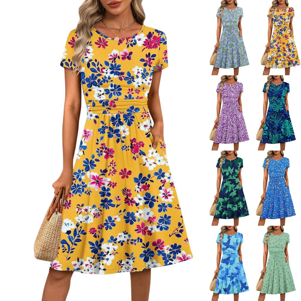 Женское повседневное модное платье миди А-силуэта с круглым вырезом, плиссированными короткими рукавами и цветочным принтом