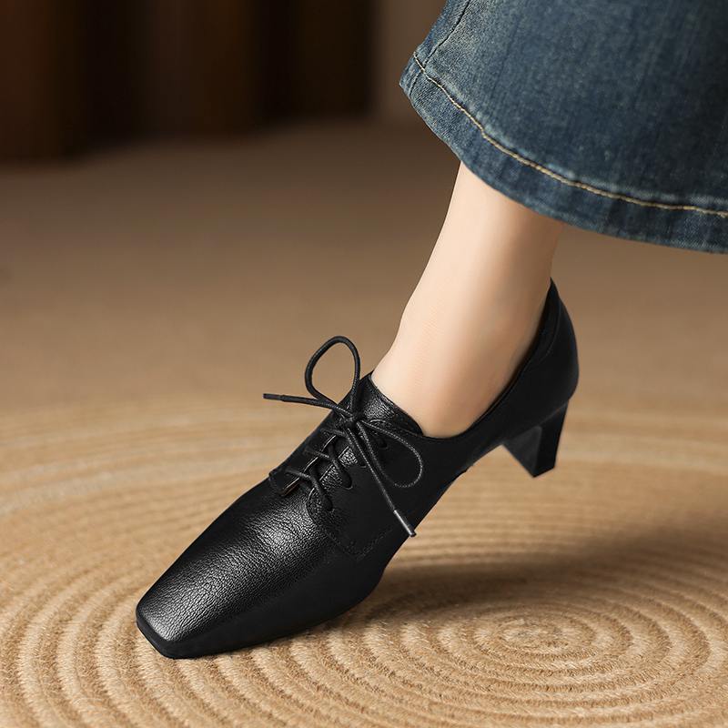 Krazing Pot Sheepskin Spring Summer Size 43 Size 42 Size 41 Chunky Heels Women Square Toe Office Lady Lace Up Pumps