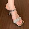 2025 Summer New Fashion Rhinestone Square Head with Sandals Women Wear Thin Heels High Heels Cool Slippers