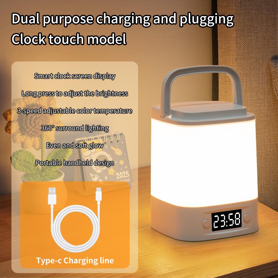 Rechargeable Led Table Lamp with Clock Time Display Night Light Remote Control for Bedroom Bedside Nursery Reading Book Light