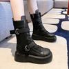 Black Platform Round Toe Leather Women'S Half High Boots Spring Autumn Height Increase Ladies Mid Calf Shoes Y2K Gyaru Pu Boot