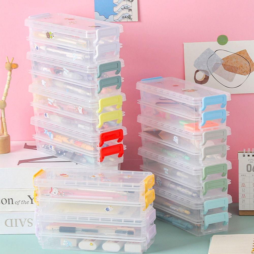 Portable Transparent Double-layer Pencil Case Large Capacity Multi-function Desktop Storage Box Glasses Case Stationery Box