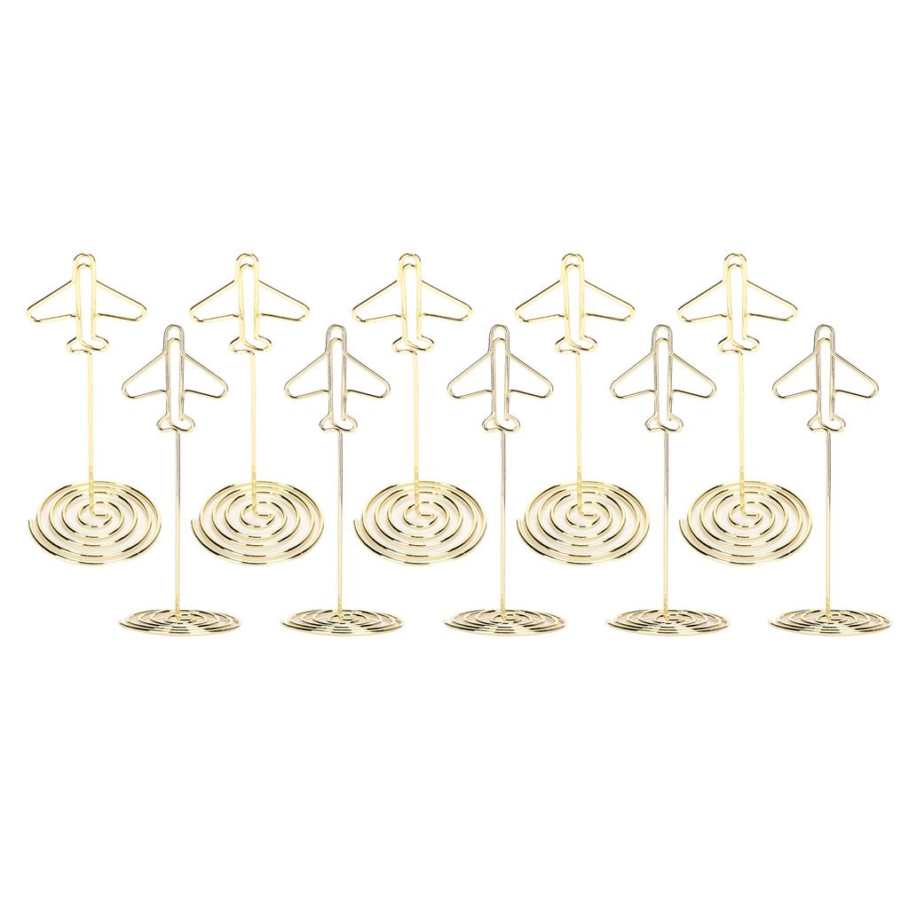 10Pcs Message Clip Desktop Metal Business Card Photo Golden Airplane Holder with Base