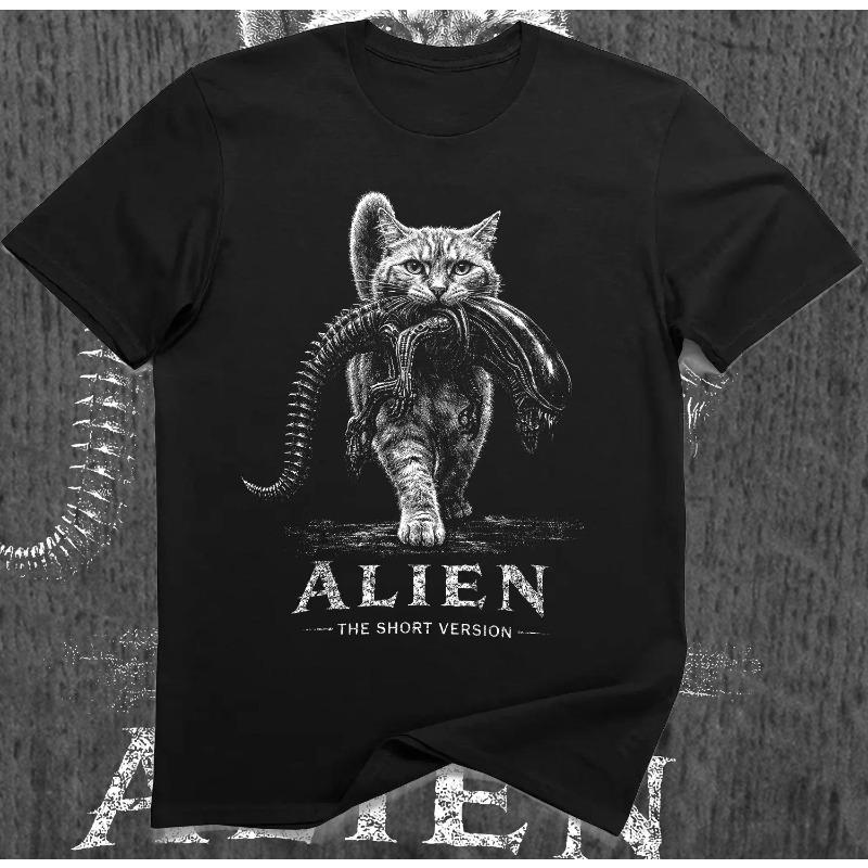 Alien Short Edition Cat T-shirt - Sci Fi Horror Mock Pattern T-shirt for Men's Casual unisex