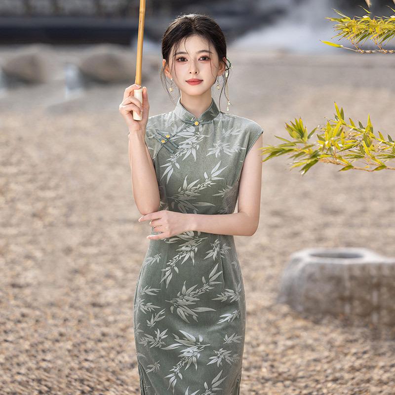 Purple elastic velvet national style new Chinese long improved cheongsam new women's retro banquet dress summer