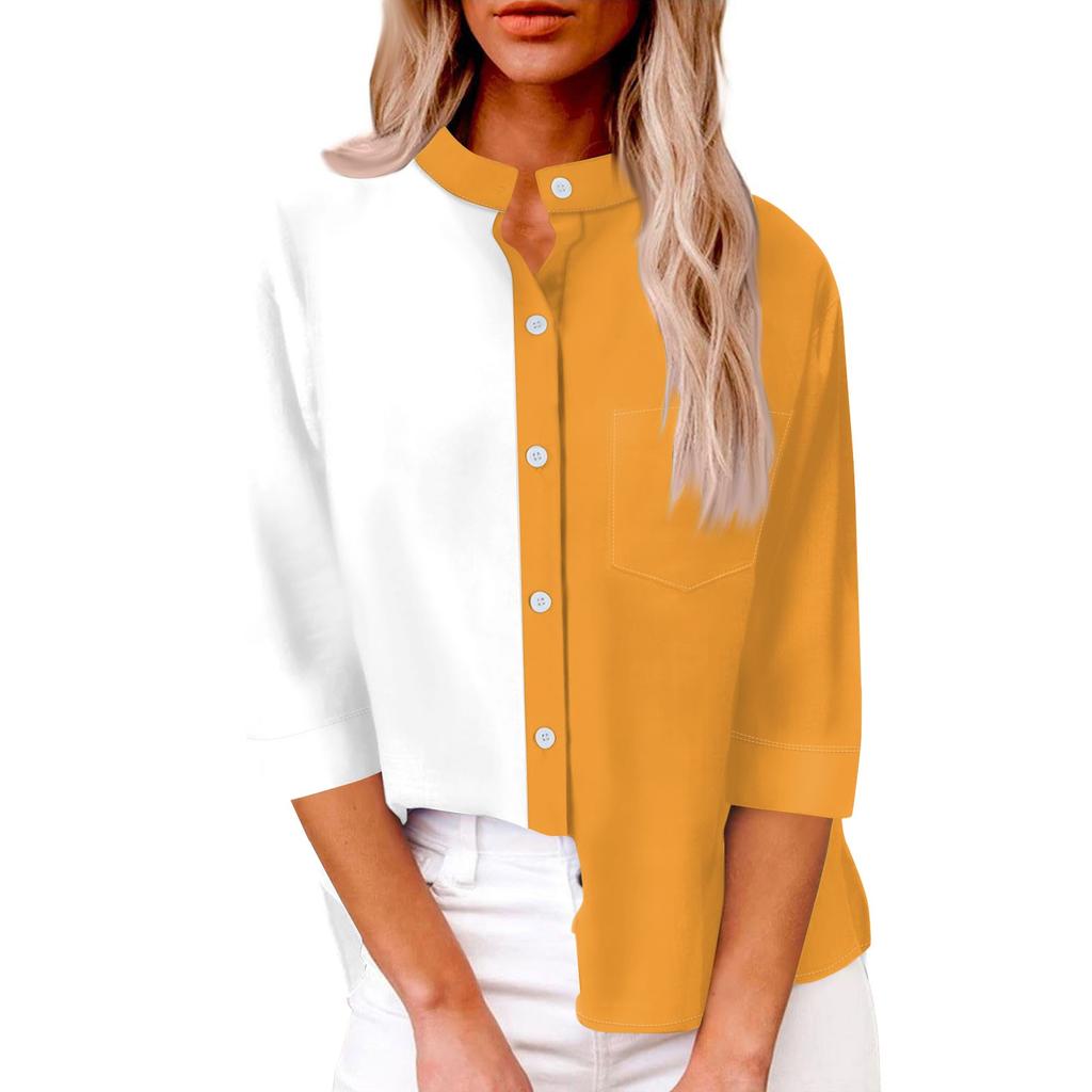 Women's Fashion Casual Shirt Button Loose Seven Sleeve Striped Patchwork Printed Top