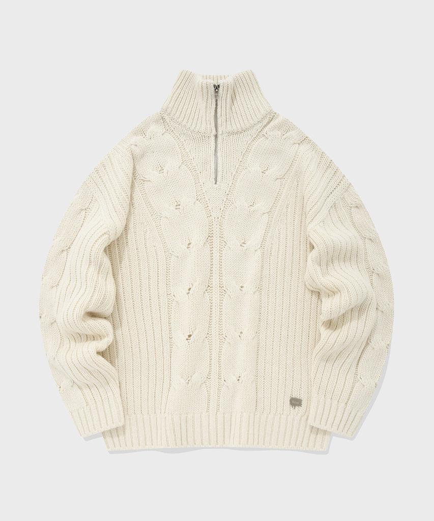 FALLETT Lambswool Cable Knit Half Zip Ivory