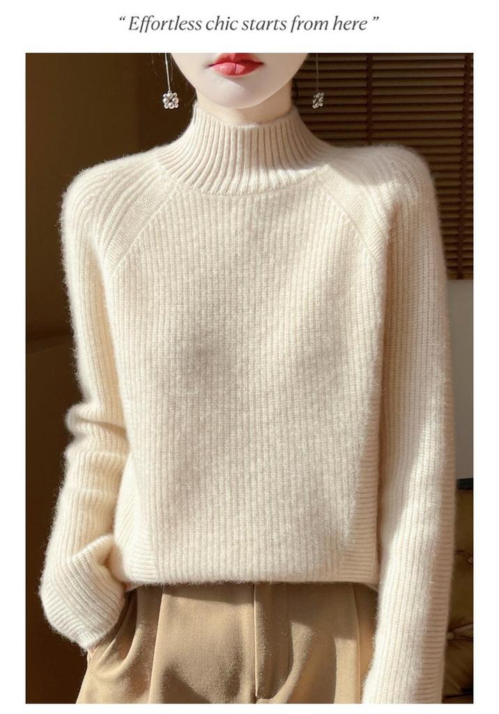 Autumn/Winter Women's High-Neck Wool Ribbed Knit Pullover