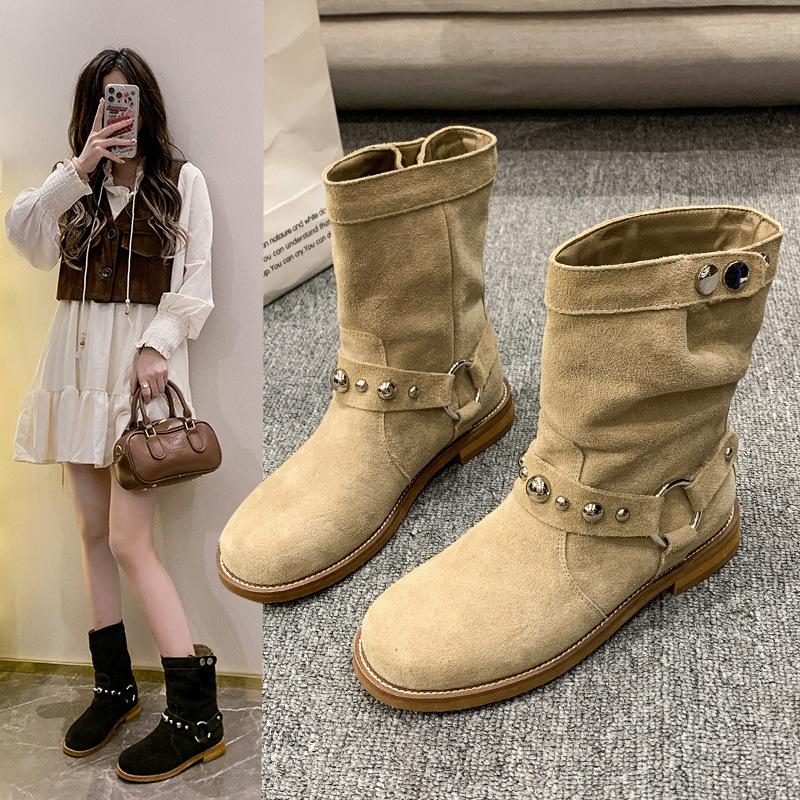 Fashion New Women Suede Leather Ankle Boots Square Low Heels Pointed Toe Western Cowboy Boots Woman Autumn Winter Buckle Short Booties