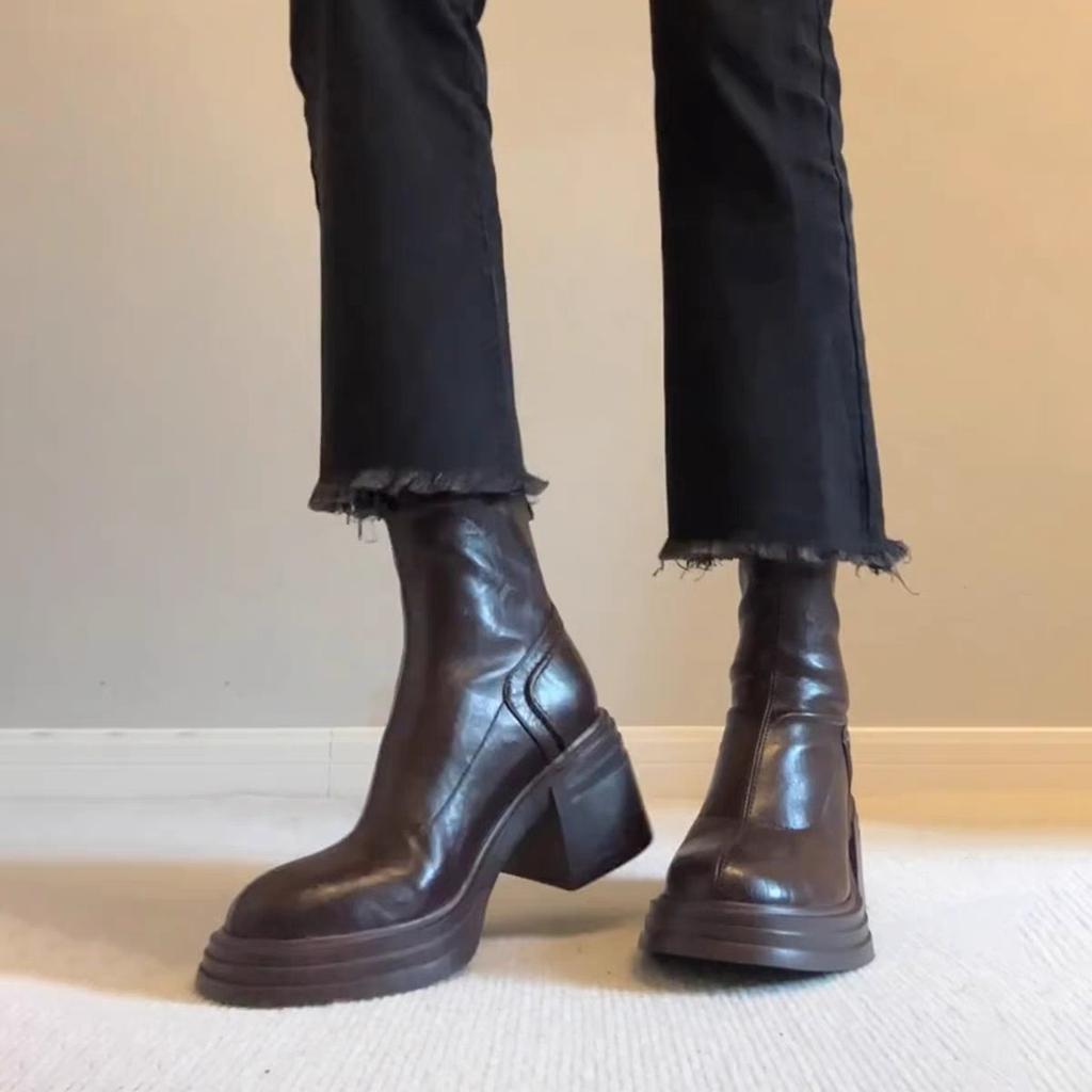 Версия из коровьей кожи~ коричневые ретро кожаные ботинки Мартин на толстой подошве с увеличением высоты, женские простые ботинки на толстом каблуке с ретро-дизайном и тонкой голенью