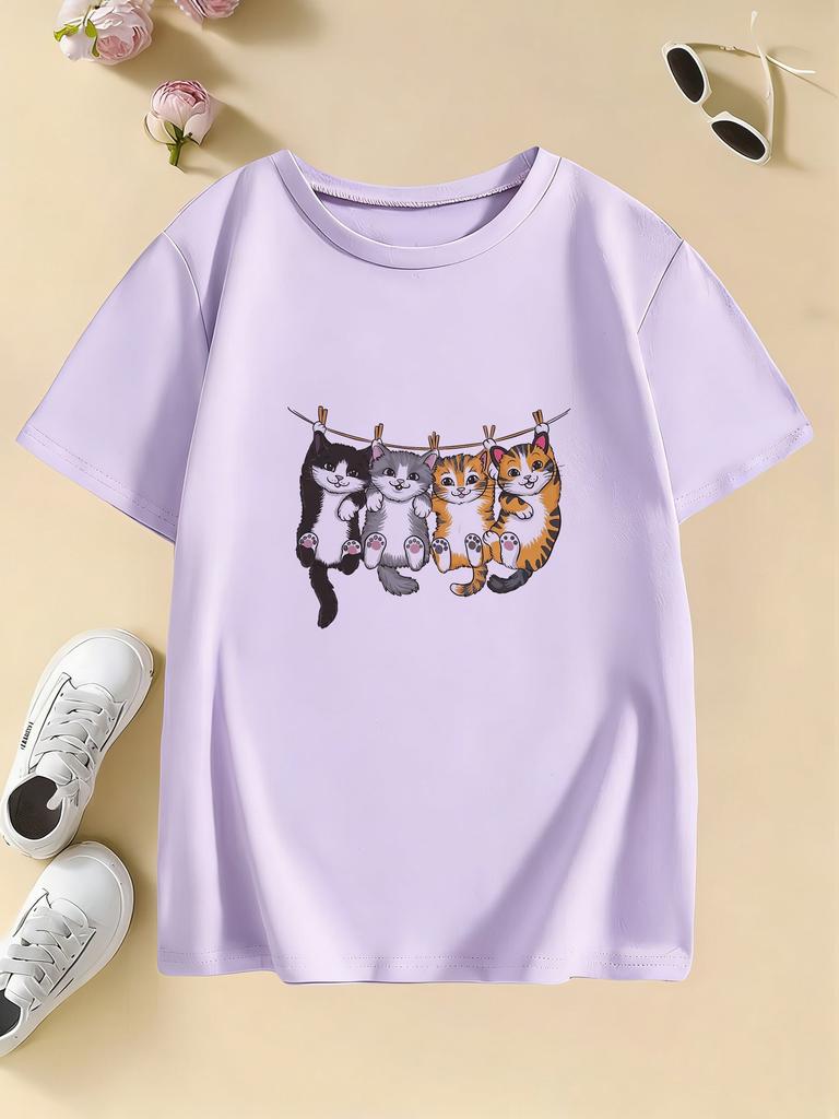 Funny Climb Cat Graphic Kids Tshirts Summer Short Sleeve Tees Cartoon Boys Girls Clothes Kawaii Kitten Tops Y2K Children T-shirt