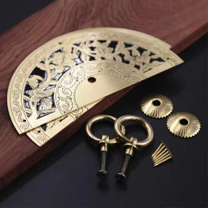 Chinese Antique Copper Cabinet Handle Shoees Wardrobe Door Brass Retro Furniture Knob Engraved Round Handles Door Decoration