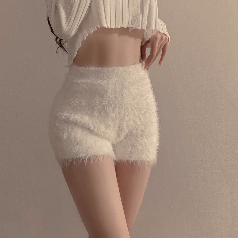 Женские сексуальные шорты, пушистые повседневные тонкие шорты, женские осенне-зимние эластичные вязаные шорты с высокой талией