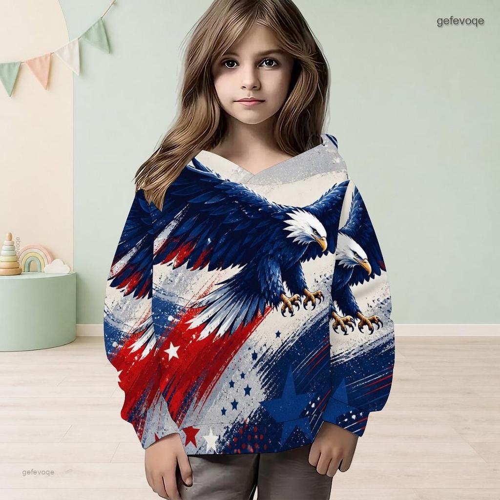 Girls Long Sleeve Hooded Sweatshirt Bald Eagle American Flag Printed Pullover