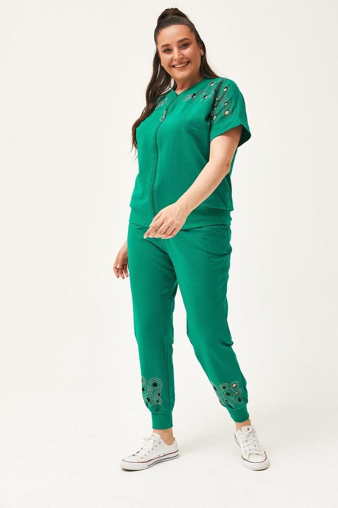 Женский модный комплект спортивного костюма большого размера, большой размер, прозрачный летний комплект с каменным принтом, зеленый спортивный костюм с короткими рукавами