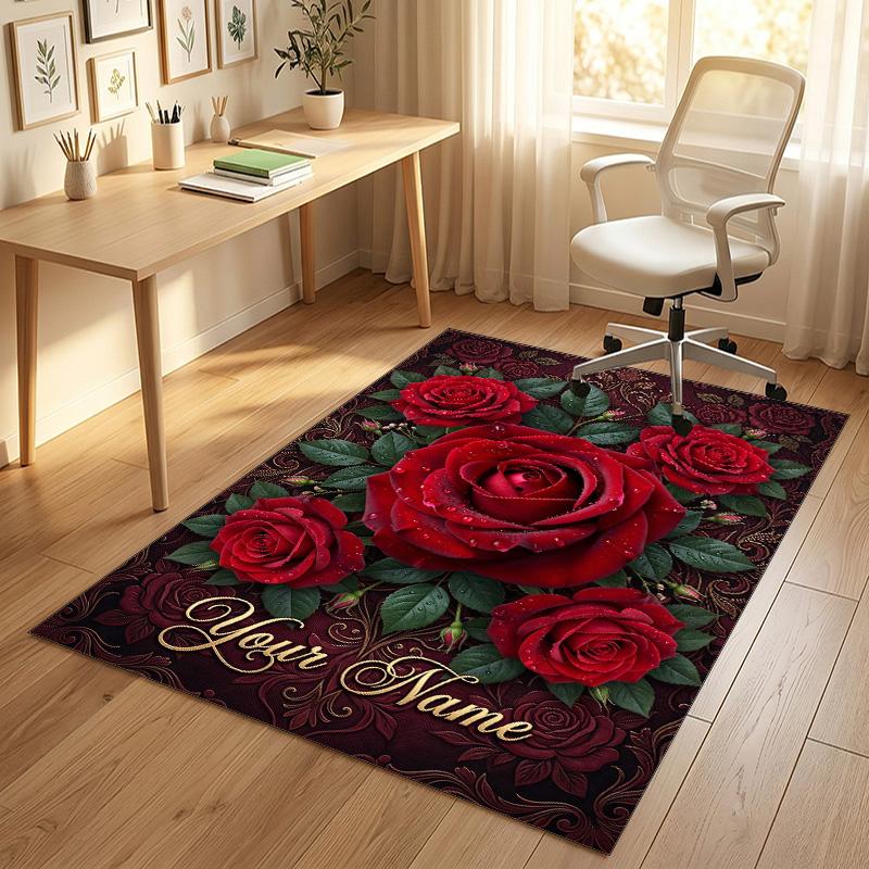 Roses Elegance Theme Soft Crystal Velvet Rug Custom Name & Text Print Non Slip Floor Rug for Bedroom Living Room