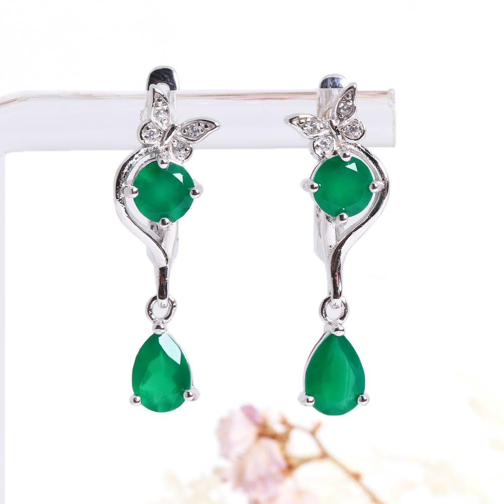 Butterfly Design Silver Jewelry Set with Natural Green Agate Gemstones Earrings And Ring for Women