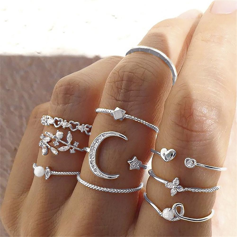 Punk Geometric Metal Moon Heart Rings For Women Men Vintage Gold Color Curved Open Ring Set Fashion Unisex Gift Jewelry