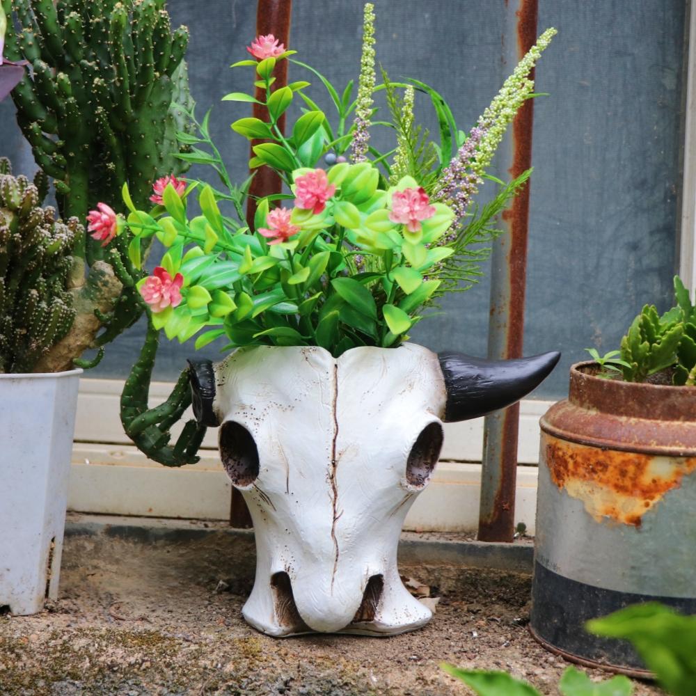 Resin Bull Head Skull Flower Pot Home Garden Decoration Planter Container Desktop Creative Retro Bull Head Statue Vase Ornament