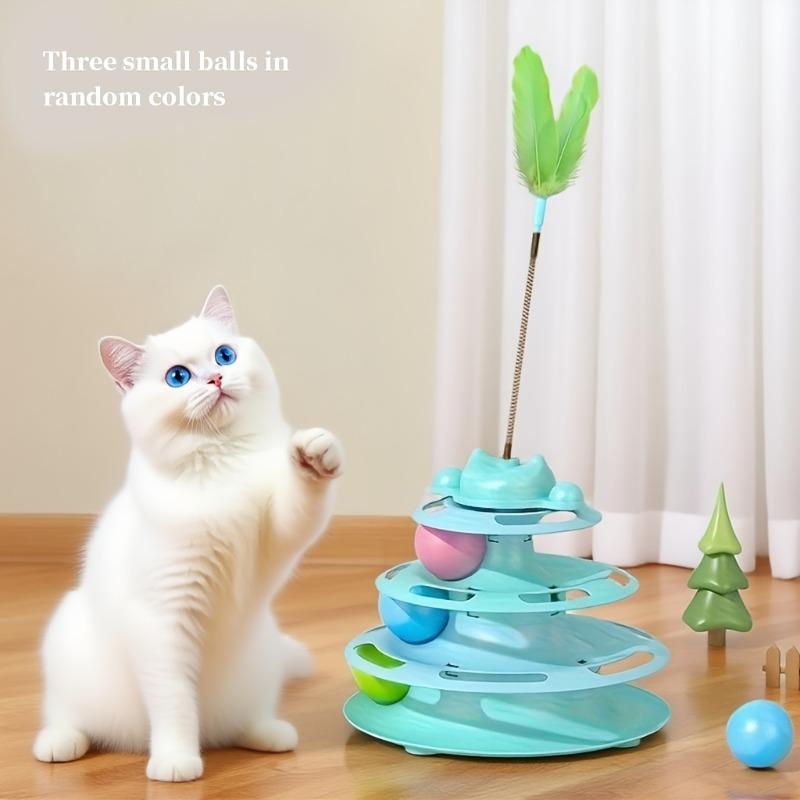 Игрушка для кошек 2025 Pattern Feather, Трехъярусная вращающаяся башня с шариком, Интерактивная забава для кошек в помещении&Рождество, Новогодние игрушки для питомцев