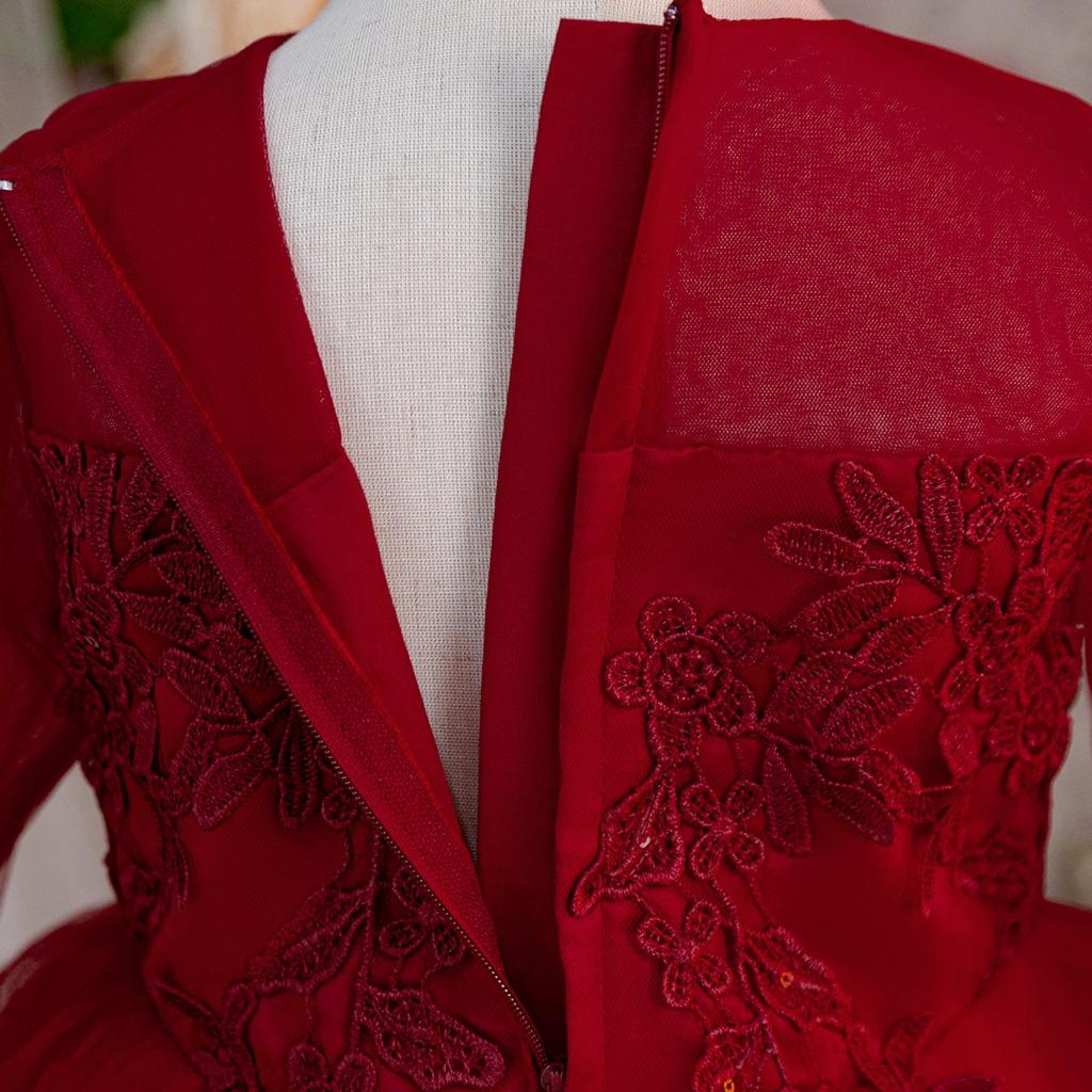 Children's Long Sleeve Evening Dress with Appliqué Mesh Puff Skirt