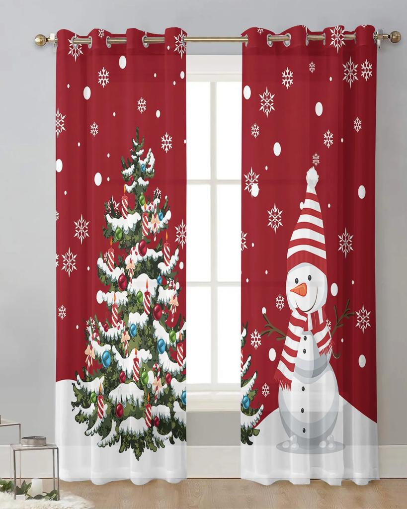 Snowman Christmas Tree Snowflake Red Sheer Curtains for Living Room Decoration Window Curtains Kitchen Tulle Voile Curtains