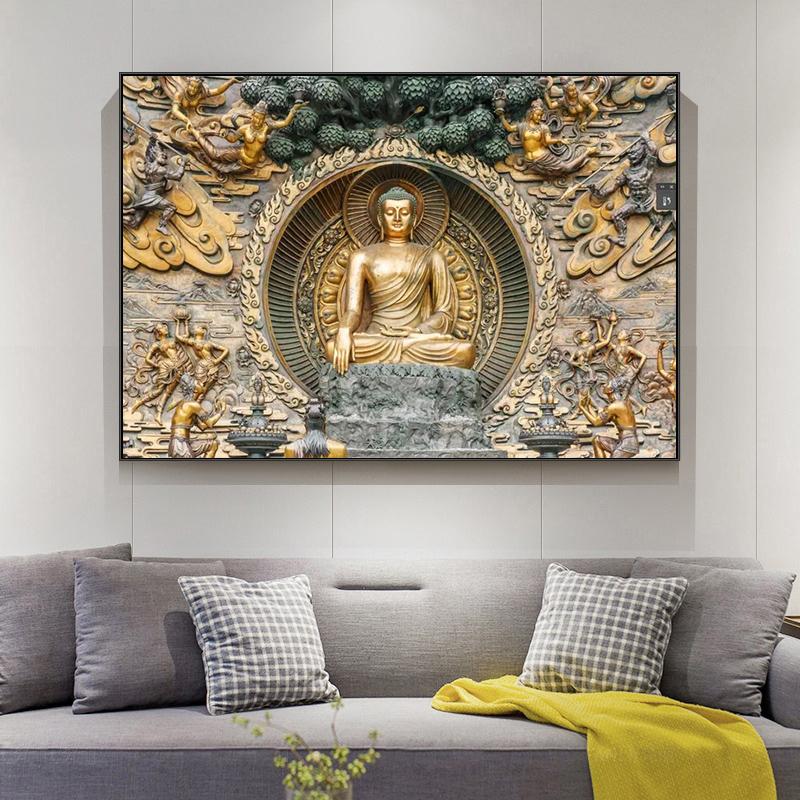 Retro Meditation Buddha Image Oil Painting Buddhist Poster Printing Canvas Wall Art Picture for Living Room Home Decoration