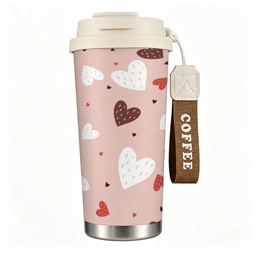 Cute Pink Heart Pattern Travel Insulated Coffee Tumbler Double Walled Vacuum Stainless Steel Cup Leakproof Thermal Mug for Women Girls Gifts