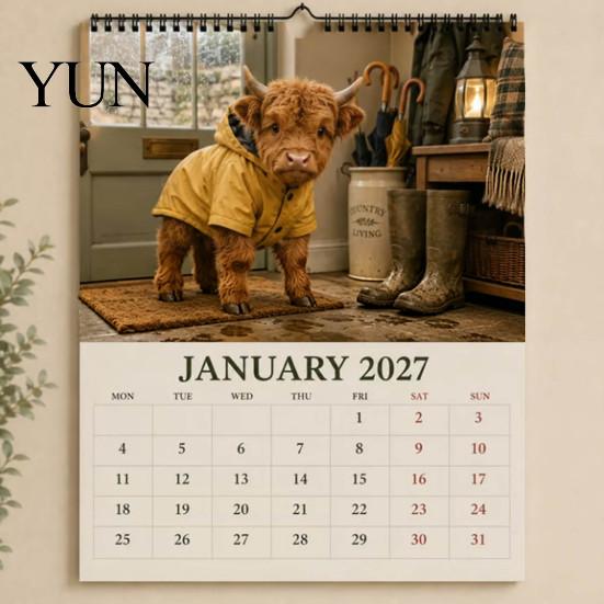 Yearly Plan for Professional Use 2027 Highland Cow Seasons Calendar, 12-Month Desk Planner with Cute Art, Stationery Daily Tasks Thick Paper Organizer
