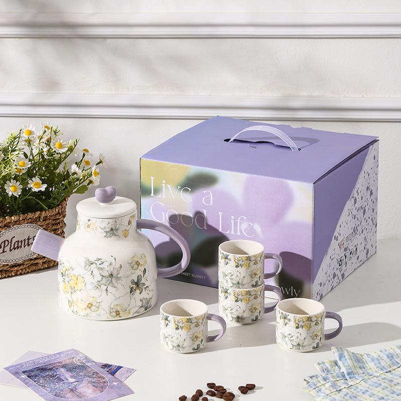 Ирис Набор для чая высокой ценности Водные принадлежности Набор для бизнес-подарка Ретро Цветочный Керамический чайник Чашка Сувенир