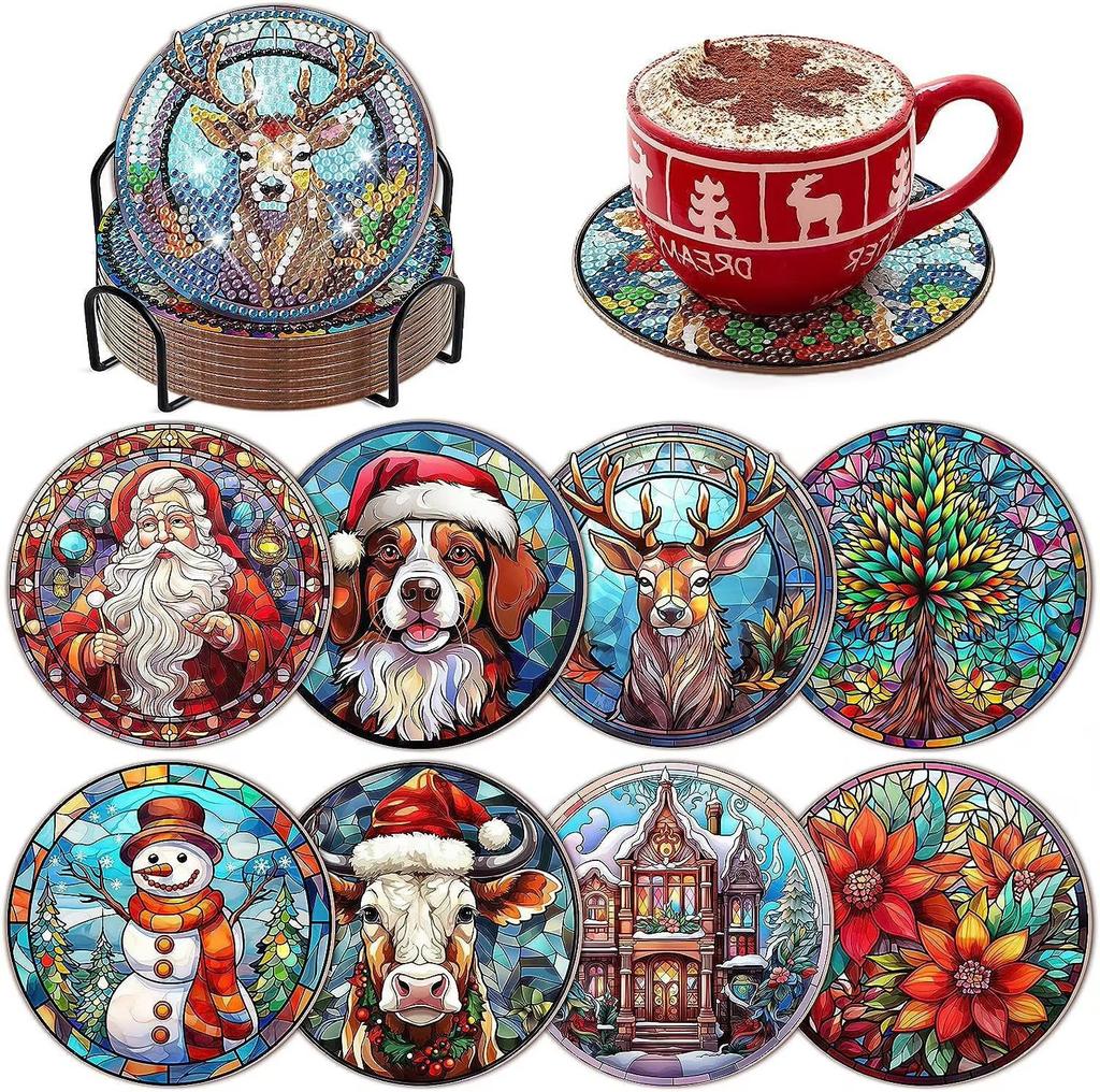 N-001 8 Pcs Mushroom Diamond Painting Coaster Kits Crafts for Adults DIY Diamond Art Coasters Small Diamond Painting Accessories