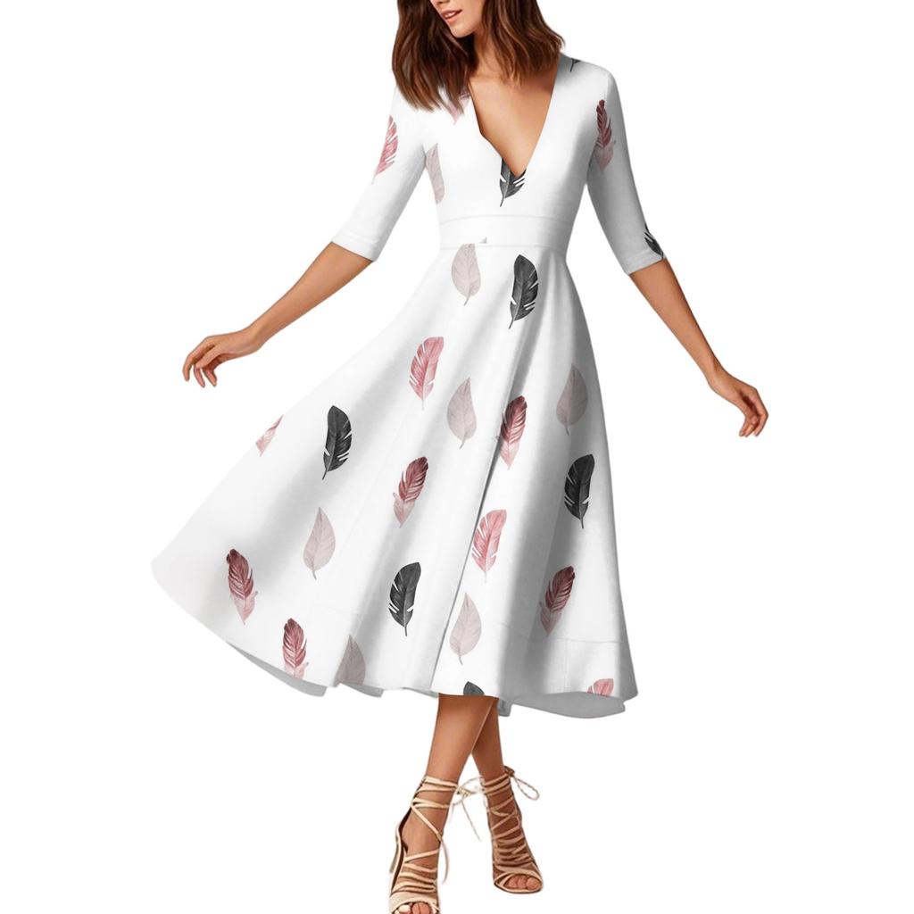 Модное платье средней длины с рукавами средней длины, цветочным принтом и сексуальным V-образным вырезом