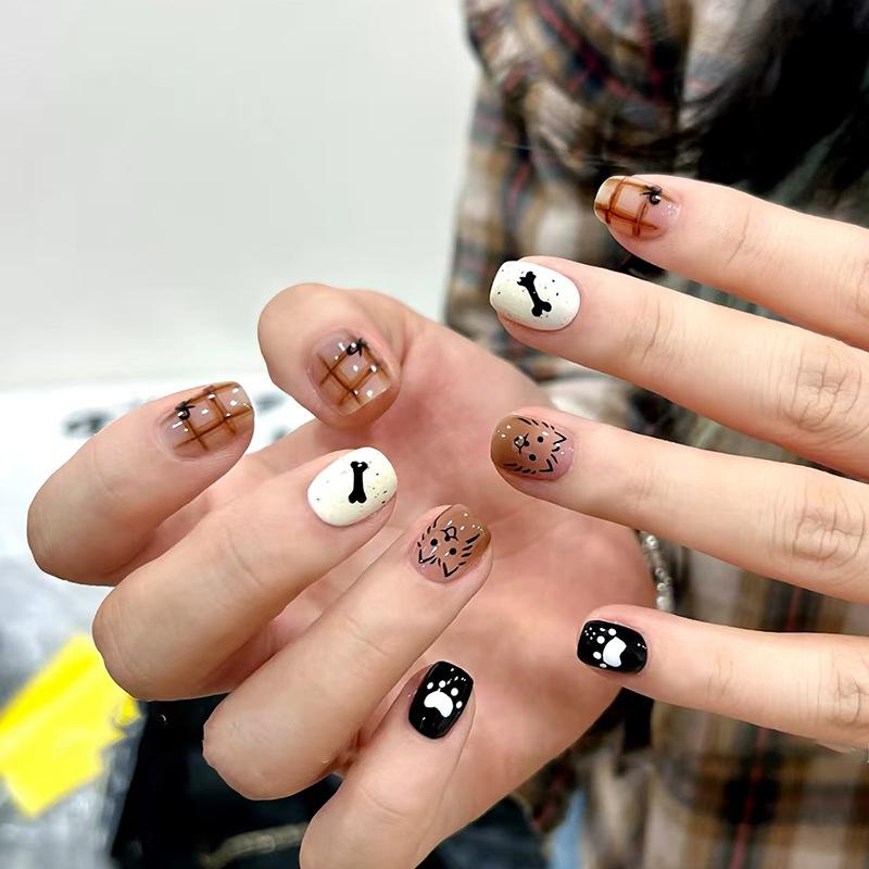 Осенне-зимний коричневый клетчатый мультяшный животный бант модный жизнерадостный милая девушка съемные элементы нейл-арта 24 шт.