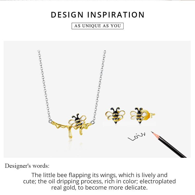 BAMOER, стерлинговое серебро 925 пробы, эмаль, шмель и сладкий мед, блестящее ожерелье и серьги-гвоздики для женщин, модный комплект ювелирных изделий