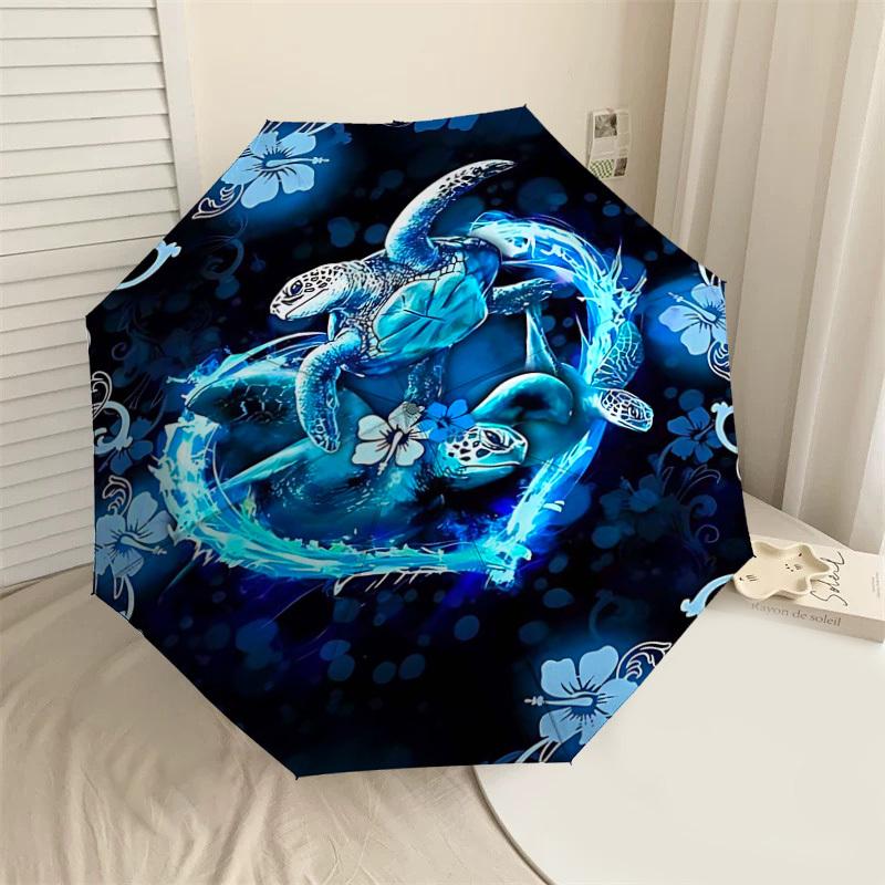 1PC Sea Turtles Heart Umbrella-8-Rib Reinforced Portable Folding Travel Suitable for All Seasons Outdoor Daily Use -J0408