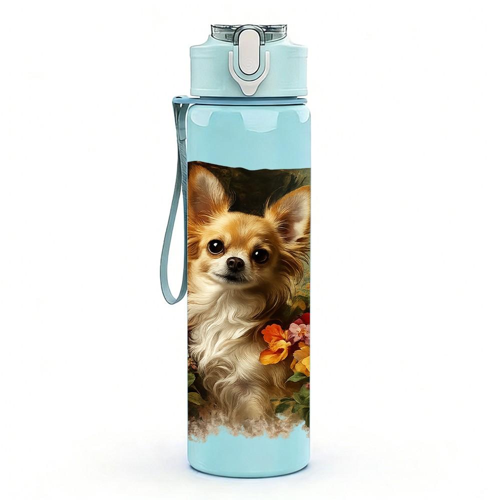 1PC Corgi Dog Rose Flower Pillow Print 750ml Color Plastic Sports Water Bottle Leakproof Flip Straw Lid Suitable for Sports Office Home Use
