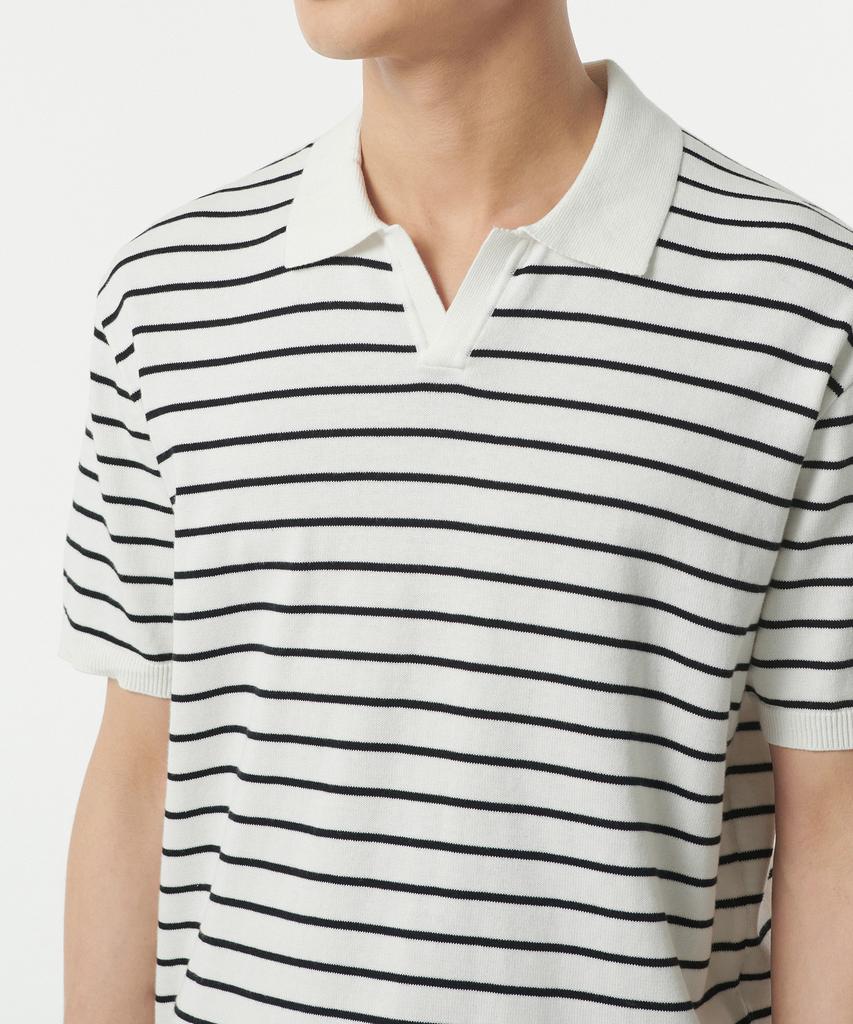 MUSINSA STANDARD Striped Slit Neck Knitted Polo Shirt [White/Black]