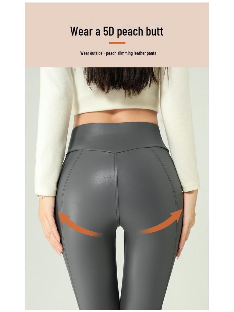 Женские леггинсы из матовой искусственной кожи с высокой талией и бархатной подкладкой — длина девять точек, 2024 г.