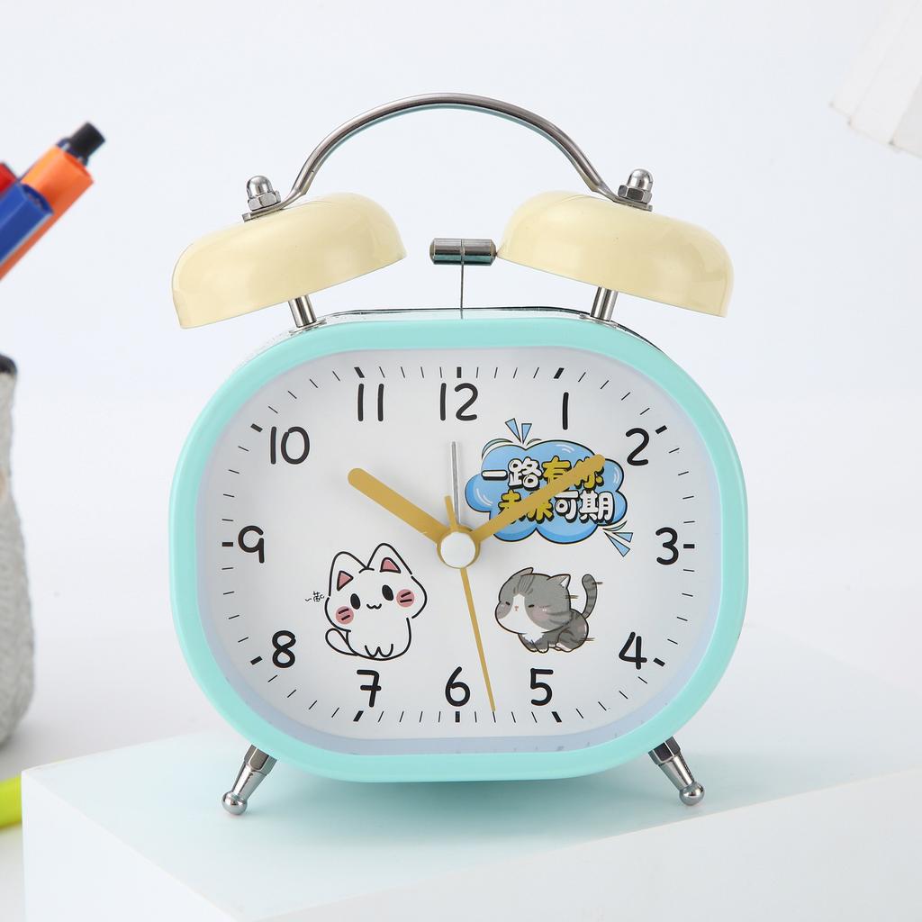 1 inch oval metal bell alarm clock, silent movement with night light, cute cartoon children's student alarm clock
