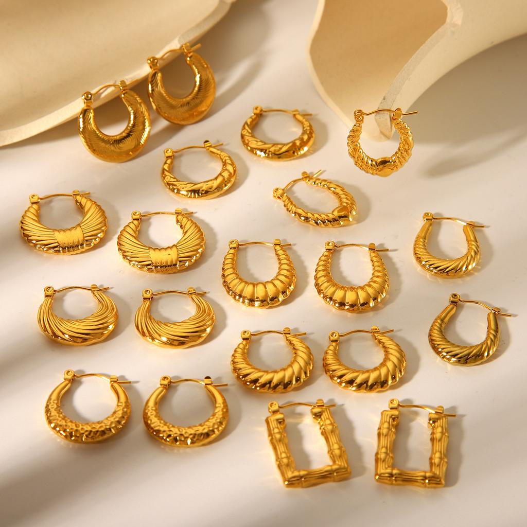 U-shaped 18K Gold Stainless Steel Earrings for Women, Fashionable Versatile Geometric Textured Titanium Steel Ear Jewelry