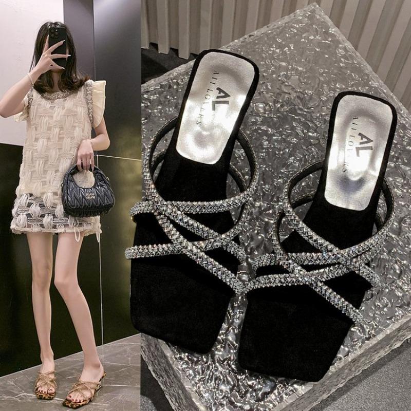 Женские тапочки, летние, новые, на высоком каблуке, с квадратной головкой, со стразами, тонкие, комбинированные, повседневные, модные, тонкие тапочки