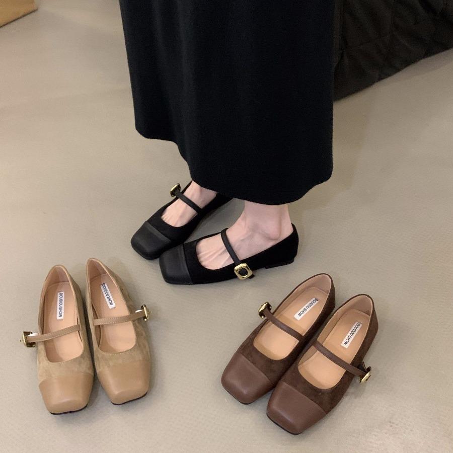 Flat Bottom Square Head Splicing Mary Jane Single Shoes Women's Shoes 2024 New Spring, Autumn and Winter French Retro Suede Evening Shoes