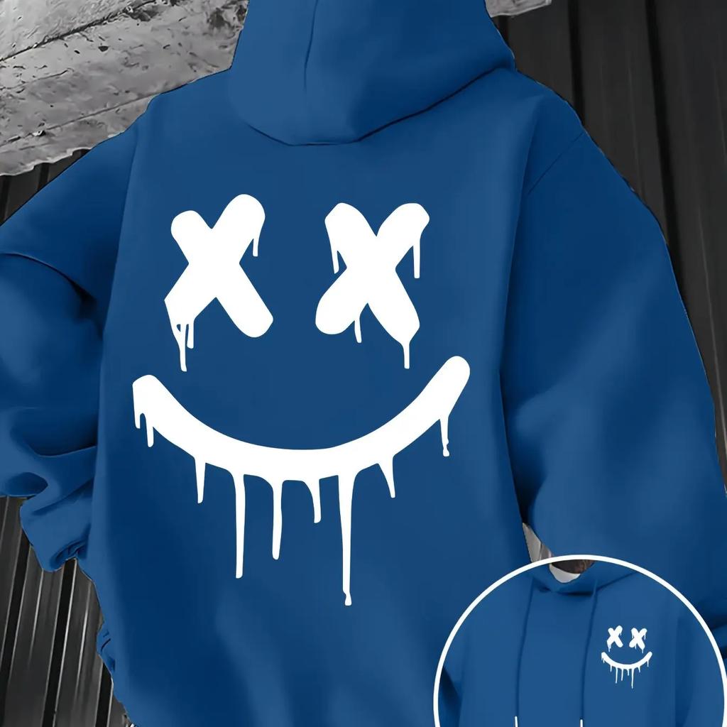 Smiley face print men's and women's autumn winter trendy printed hooded fleece sweatshirt front and back printed casual hoodie