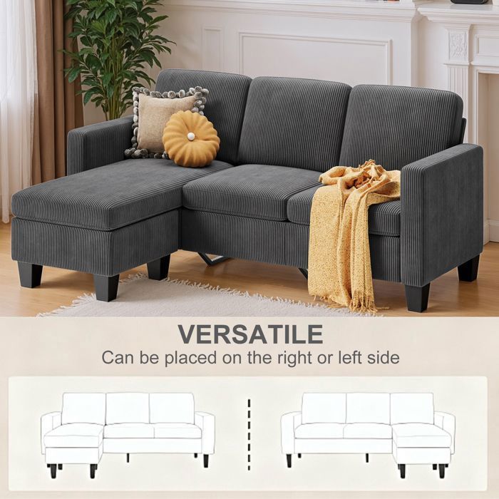 Reversible corner sofa - Bealife - Modular L-shaped sofa - 3 places - Pouf - Corduroy - Gray - 188 x 136 x 89 cm