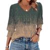 Womens V Neck Three Quarter Sleeve Printed Loose Casual T Shirt
