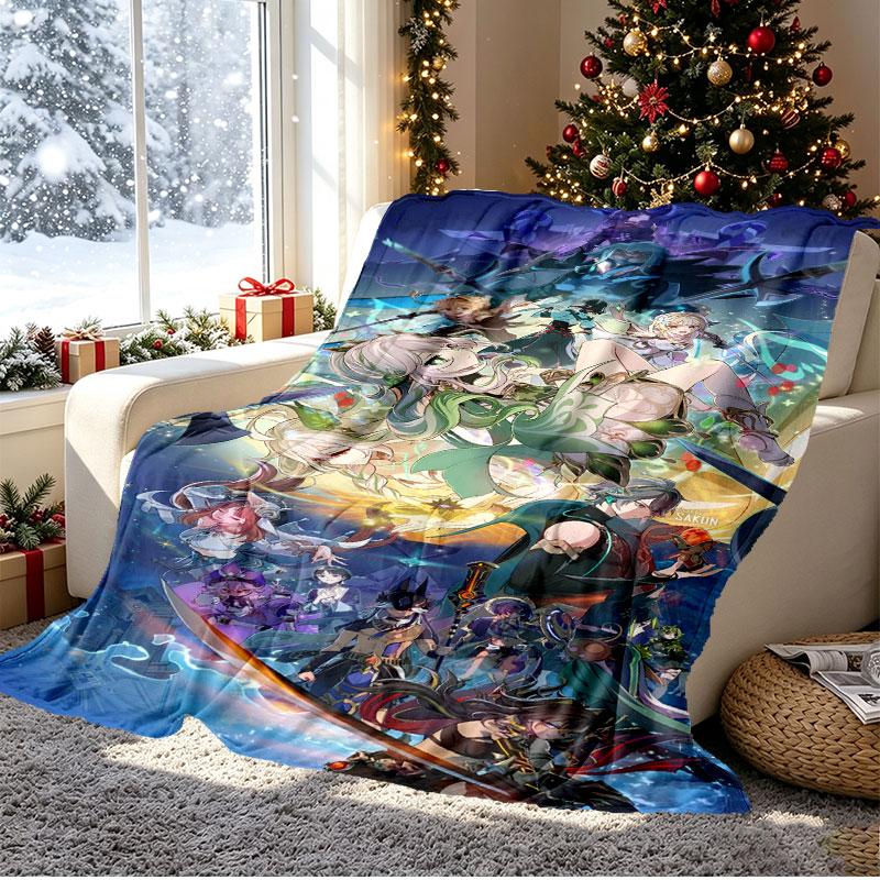 Genshin Impact Pattern Blanket for Home Decoration, Bed, Sofa, Car Travel, Camping, Suitable for All Seasons, Birthday Christmas Gift