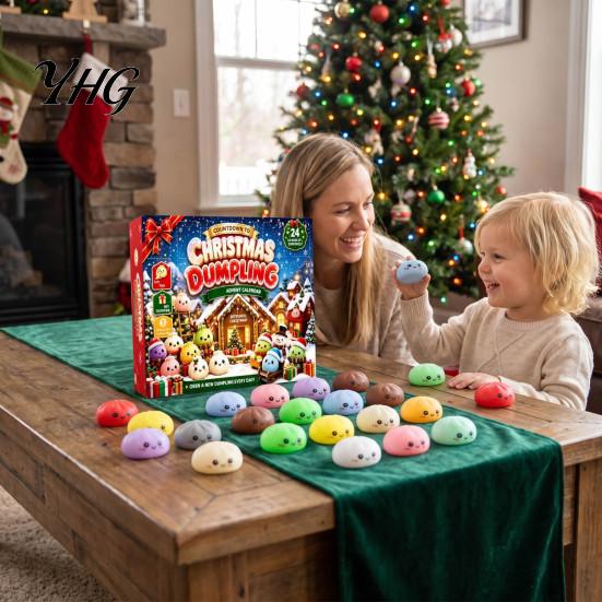 24 Days Countdown Box Christmas Cartoon Dumpling Gift Box, Xmas Advent Calendar with Stress Steamed Bun Toy Relief Squeeze Toys,