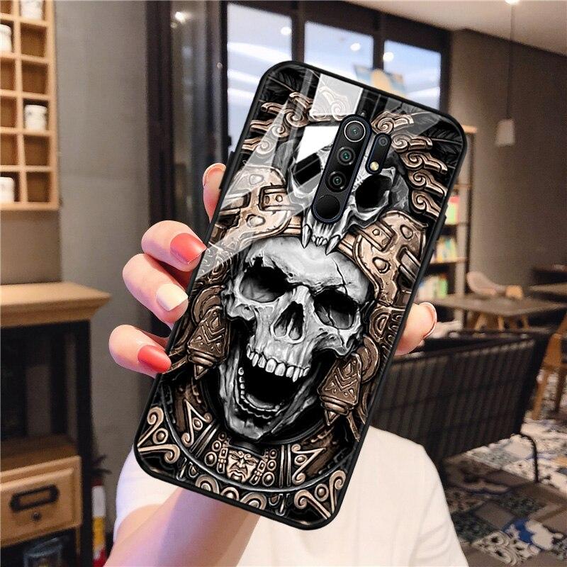 Redmi 9 Case Skull Skeleton Glass Case For Xiaomi Redmi 9 C 9C NFC 9A 8A 8 7A 7 Mi 9T Pro 9 Lite 8 SE Tempered Glass Hard Cover